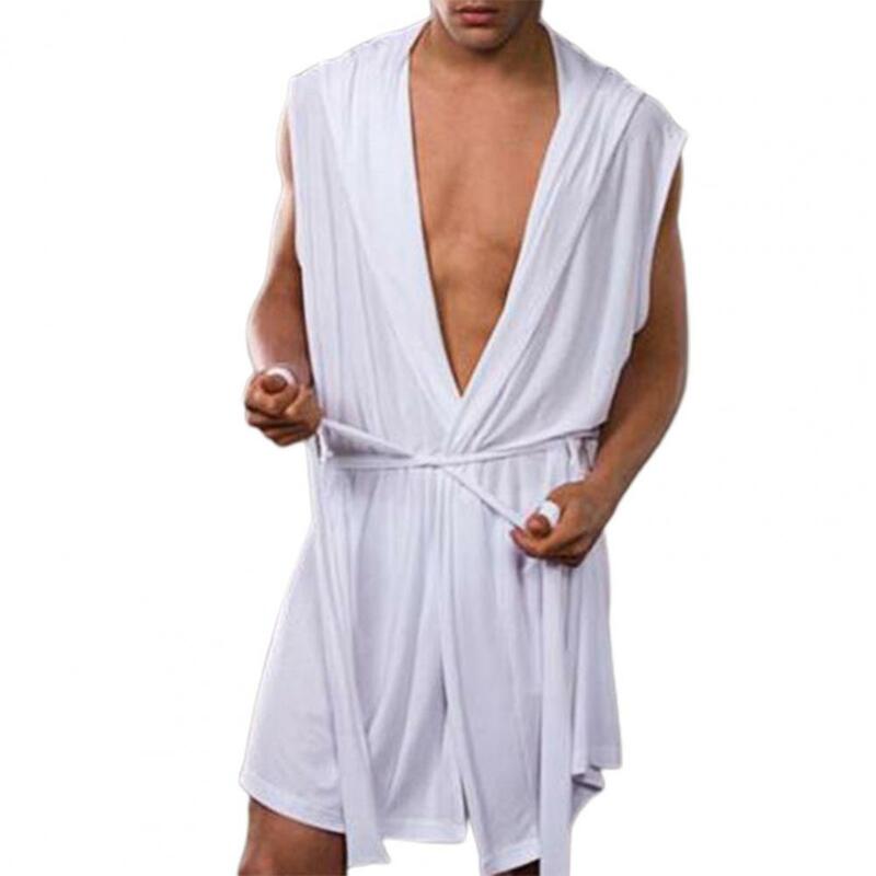 Roupão fino sem mangas com capuz masculino, pijama sexy, cor sólida, vestido de verão, roupão de banho