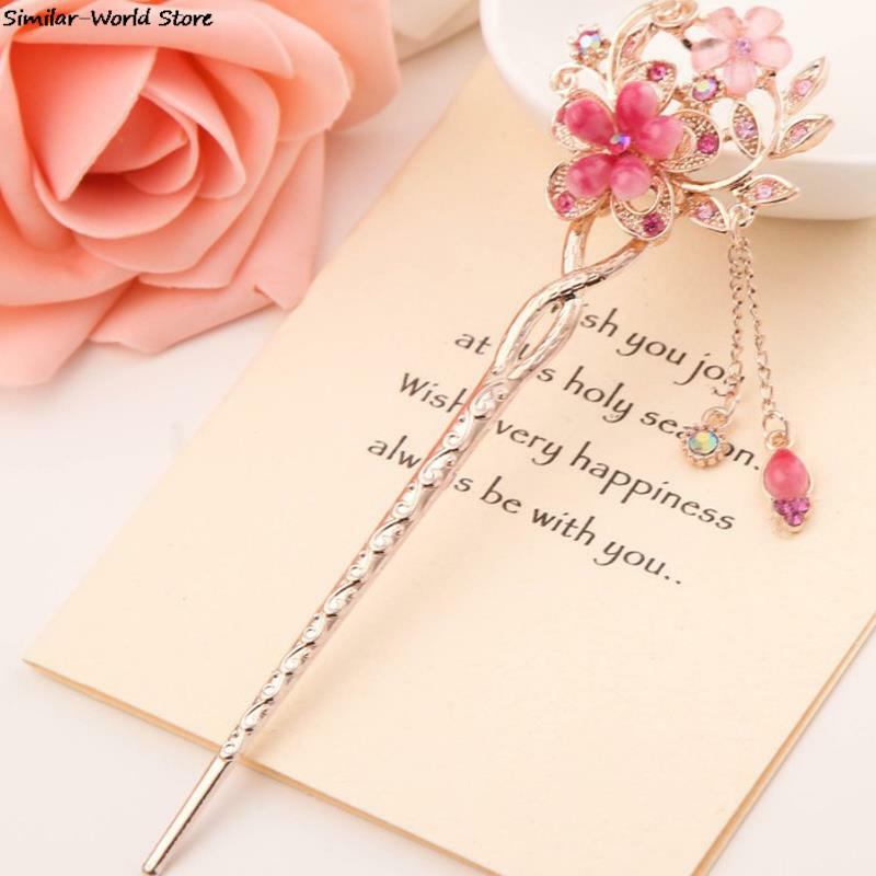Hair Stick Metal Rhinestone Chopsticks Women Tassel Pearl Flower Hairpin