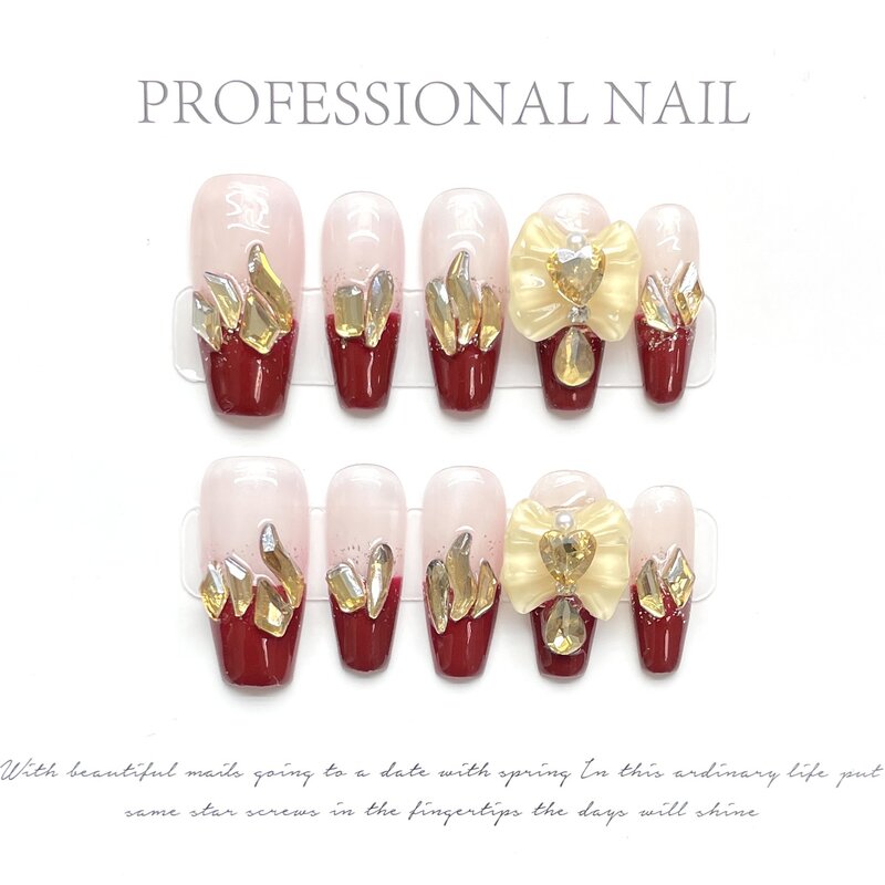 Red Gold Handmade Nails Press on Full Cover Manicuree Big Diamonds False Nails Wearable Artificial With Tool Kit