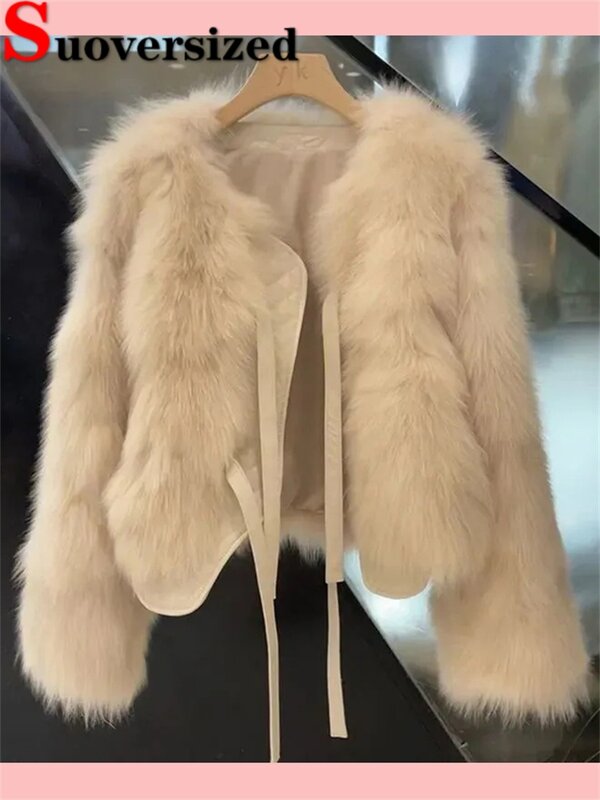 Casaco curto de pele sintética feminino, jaquetas quentes com cordões, imitam peles de raposa, casacos de pelúcia soltos, casacos peludos de luxo, inverno