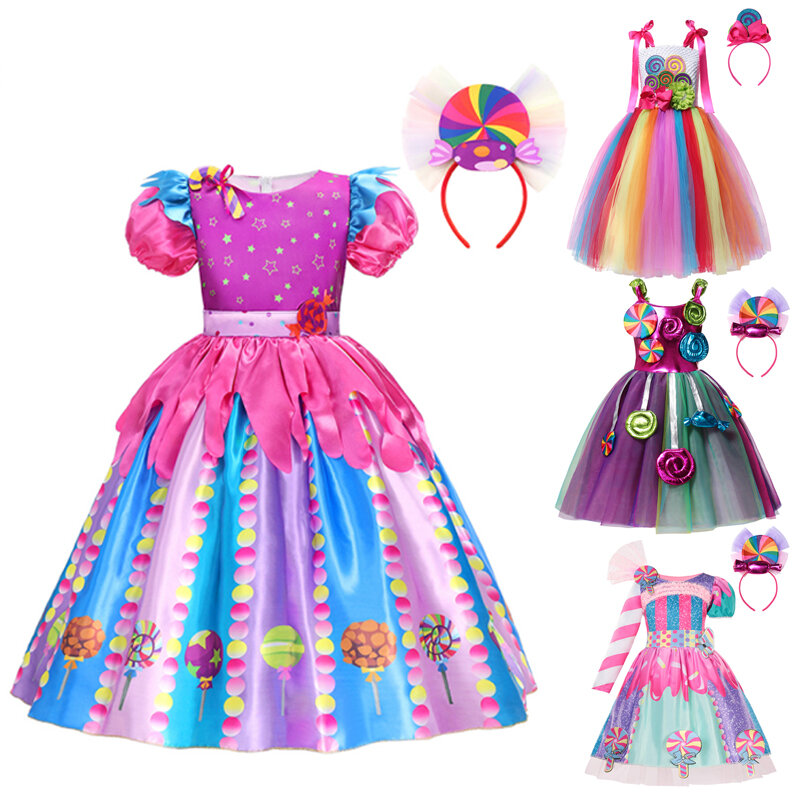 Vestido de doces arco-íris para crianças, fantasia cosplay, vestido de baile colorido, vestido de princesa, festa de Halloween, festival Purim, bebê, nova moda