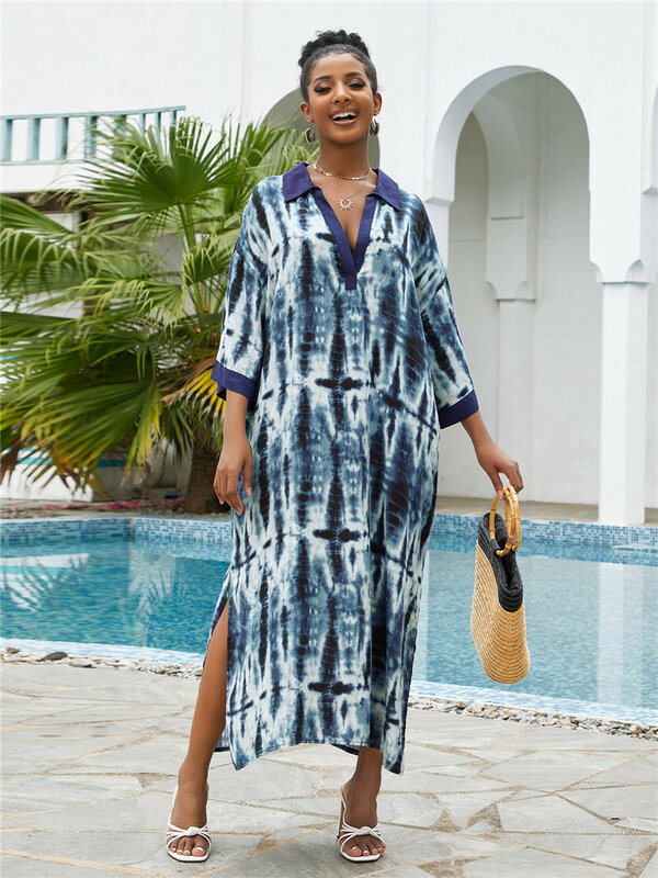 Neue Tie-Dye Plus Size Kaftan Bikini Vertuschungen lässig V-Ausschnitt Maxi kleid Frauen Sommer Strand tragen Badeanzug vertuschen