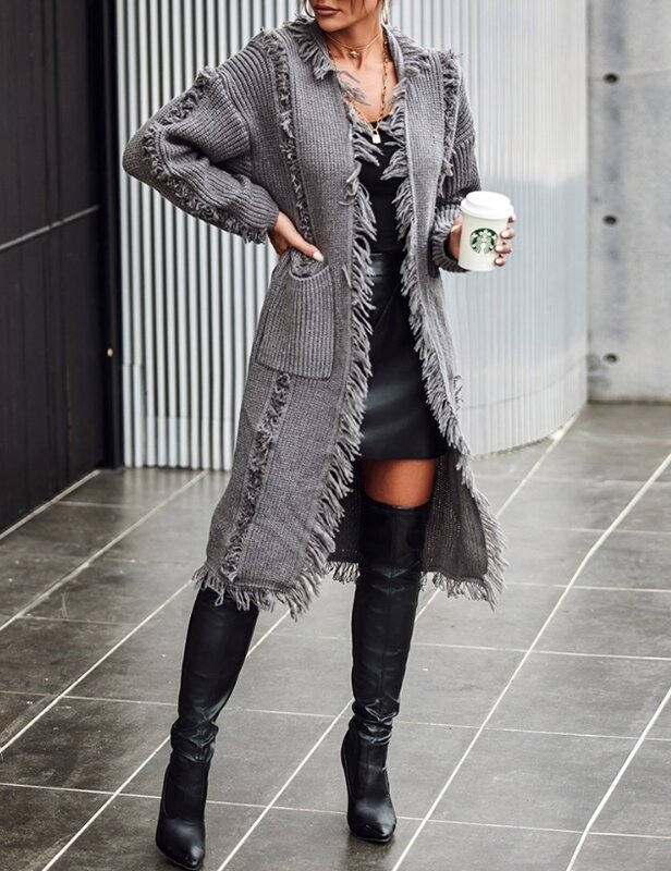 2023 Autumn Winter Spring New Fashion Casual Open Front Tassel Design Knit Cardigan Coat Top Fall Outfits Women