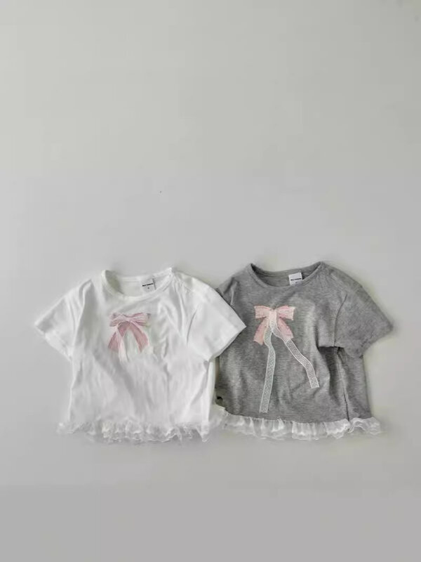 2024 Summer New Baby Girl Cute Bow T Shirts Short Sleeve Cotton Infant Girls Sweet Lace Fashion Tee Kids Toddler Casual Tops