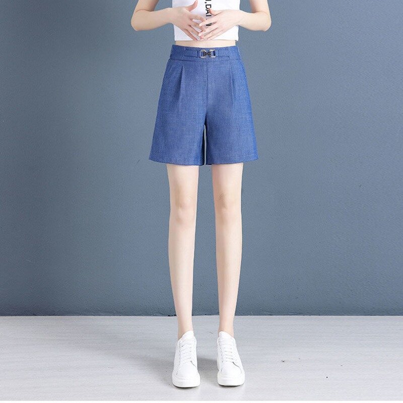 2024 Summer New Women's Solid Color Commute High-waisted Loose Thin Denim Bright Line Decoration Casual A-line Wide Leg Pants