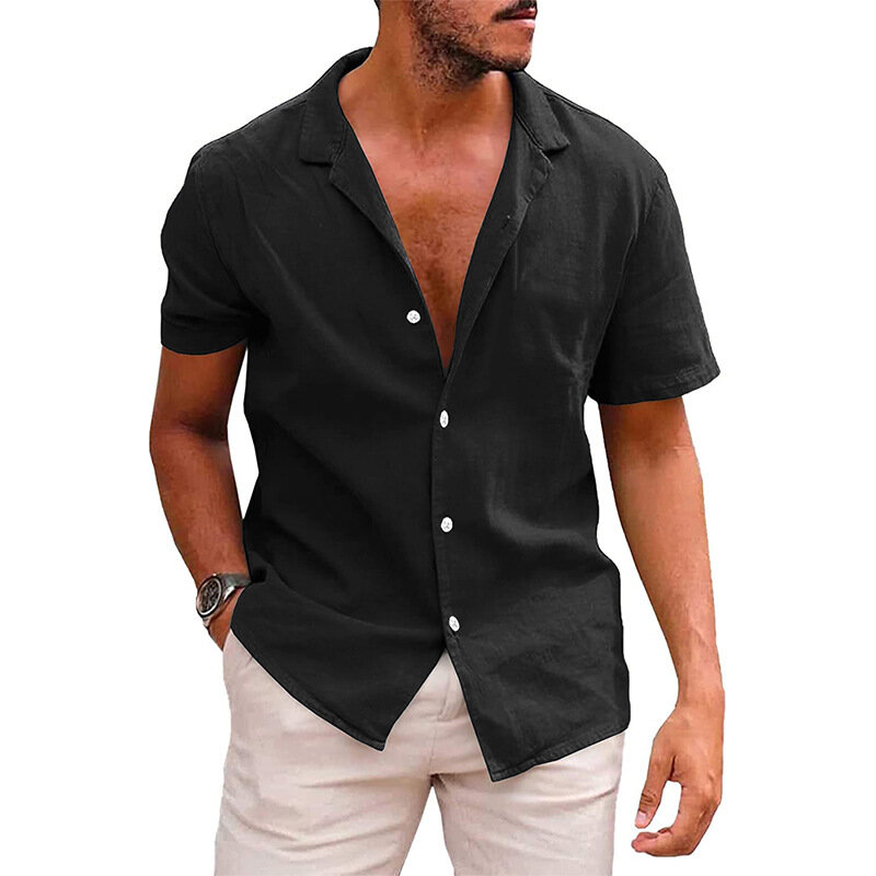 Camicie a maniche corte da uomo di vendita calda cotone lino estate tinta unita colletto rovesciato asciugatura rapida stile spiaggia Casual Plus Size