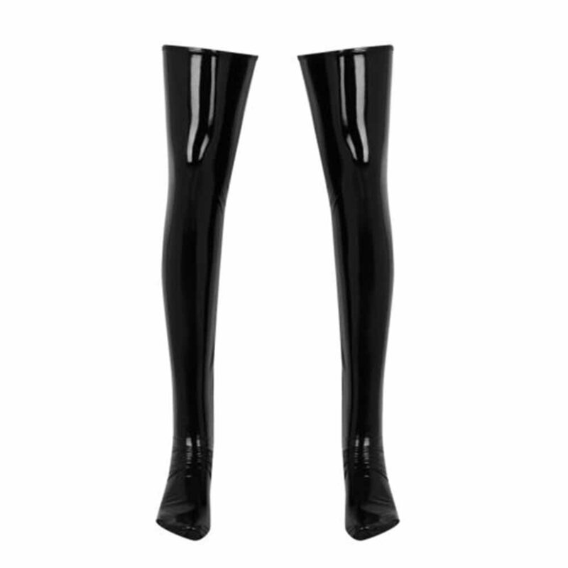 Pria dan wanita uniseks tampilan basah paten kulit Pu paha stoking berkaki tinggi kulit imitasi kaus kaki ketat pakaian klub Erotis