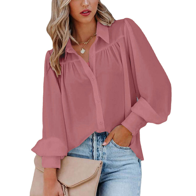 2024 New European and American Style Button Up Top Lantern Sleeve Pleated Solid Color Stand Up Collar Loose Fitting Shirt