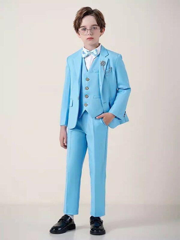 어린이 하늘색 사진 세트 소년 재킷, 조끼 바지, 나비 넥타이, 4PS 예식, 코스튬 왕자 생일 결혼식 턱시도 원피스