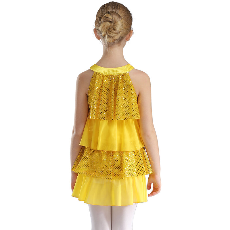 Dzieci dziewczynki taniec baletowy ubierają się bez rękawów błyszczące cekiny warstwowa marszczona Jazz Latin taniec łyżwiarstwo gimnastyka kostium