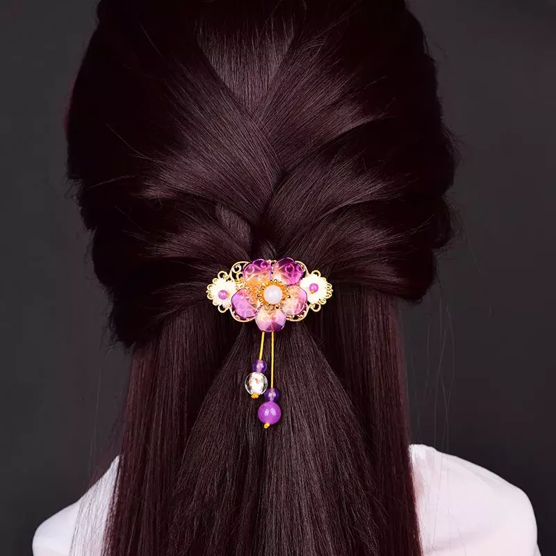 Purple Jade Flower Barrette Gifts for Women Hairpin Amulet Stone Jewelry 925 Silver Natural Accessories Gemstone Hair Clip
