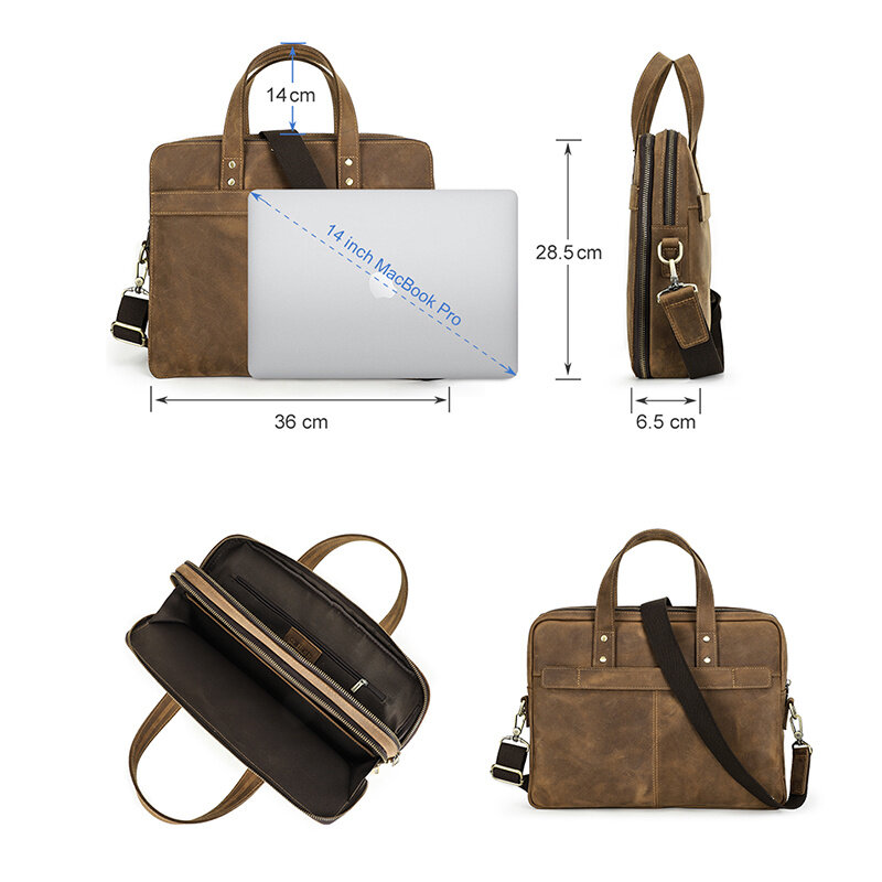 Genuine Leather Men Briefcase Vintage Large Laptop Bag for 14 Inch Shoulder Messenger Bags Male Business Tote Handbag