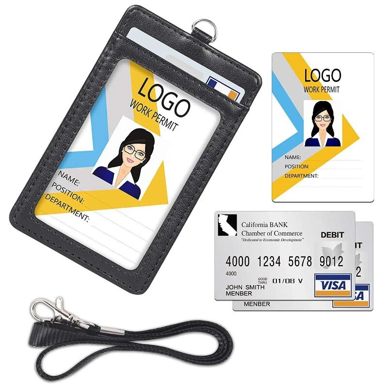 Tempat kartu kulit PU hitam uniseks, dengan tali leher 2 slot kartu ID kartu kredit pemegang lencana dompet perlengkapan kantor sekolah