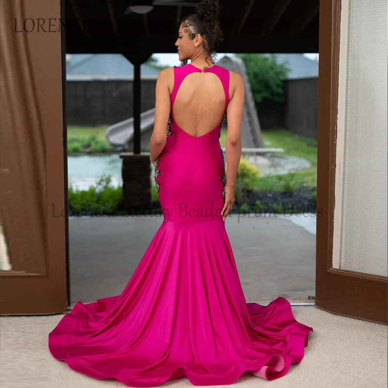Vestido de fiesta de sirena con diamantes de imitación, vestido rosa con cuentas brillantes de cristal, cuello transparente, volantes, elegante, 2024