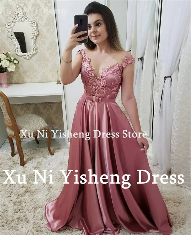 New V-Neck Prom Dresses For Women Sleeveless Bridesmaid Dresses Flowers Appliques Satin A-Line Evening Dress Wedding Party Dress