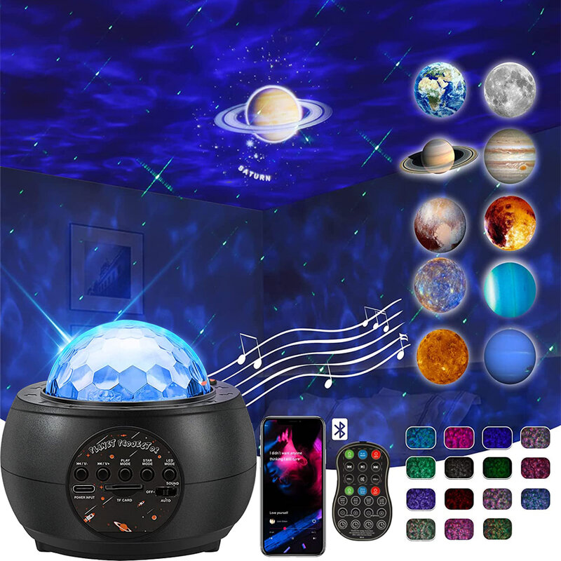 Projecteur d'étoiles et de galaxie, 10 planètes, Bluetooth, haut-parleur, lampe avec télécommande, musique, veilleuse, décoration de salle, cadeau
