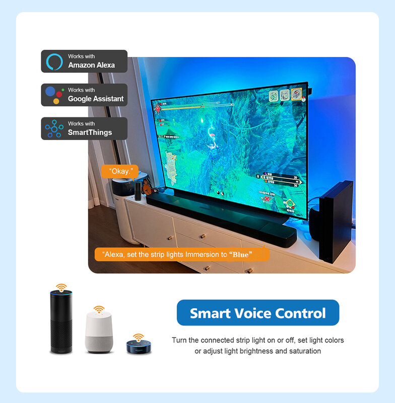 Tira de luces Led de retroiluminación ambiental para TV, dispositivo de sincronización 4K, HDMI 2,0, Wifi, Alexa, Control por voz y asistente de Google