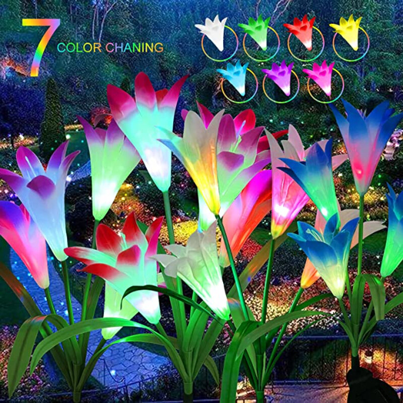 Уличные фонари на солнечной батарее, водонепроницаемые Цветочные лампы лилий, меняющие цвет RGB, освещение для газона, садовые декоративные ...