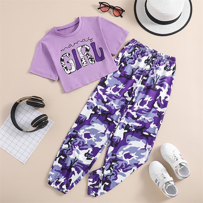 Conjunto de pantalones con estampado de letras para niña, Tops de manga corta con patrón de camuflaje, traje de verano de 2 piezas, 8-12T