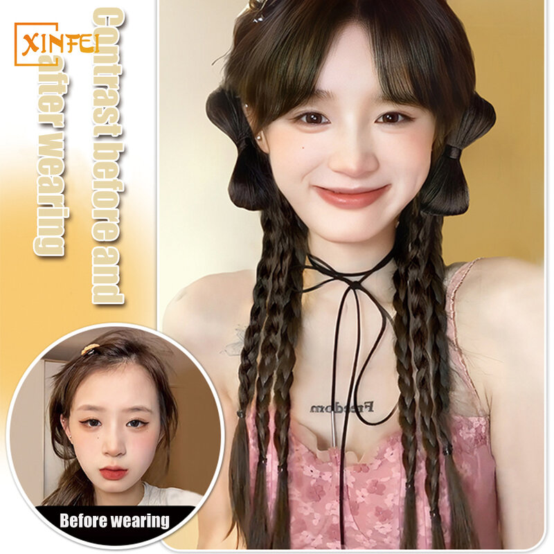 Wig sintetis kepang wanita Y2K ekor kuda milenium bumbu Gadis bebek klip desain busur tinju kepang rambut halus ekstensi