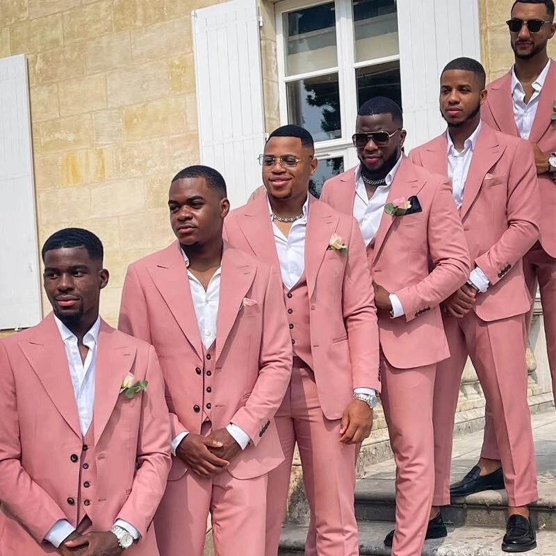 Pink Men Suits Groom Formal Wedding Tuxedos Blazer Classic Slim Fit Groomsmens Wear Costume Homme Prom Dress(jacket+vest+pants)
