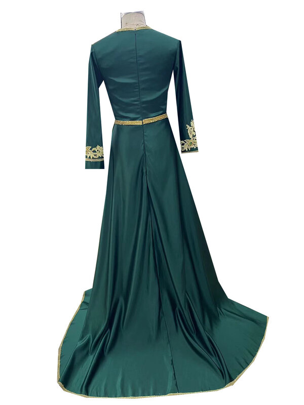 Thanh Lịch Xanh Promise Pha Lê Chiếu Trúc Hạt Satin Chữ A Hồi Giáo Váy Đầm Dạ 2020 Cổ V Thêu Dubai ĐẦM DỰ TIỆC Vestidos