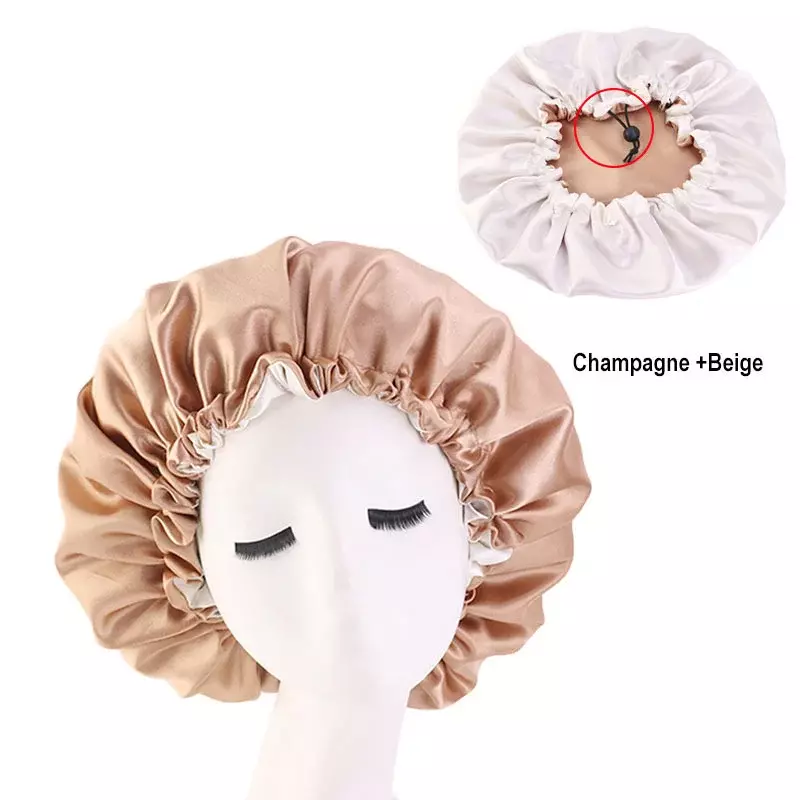Topi Rambut Satin Dapat Dibalik Hiasan Kepala Penyesuaian Lapisan Ganda Topi Penutup Rambut Keriting untuk Tidur Wanita Aksesori Gaya