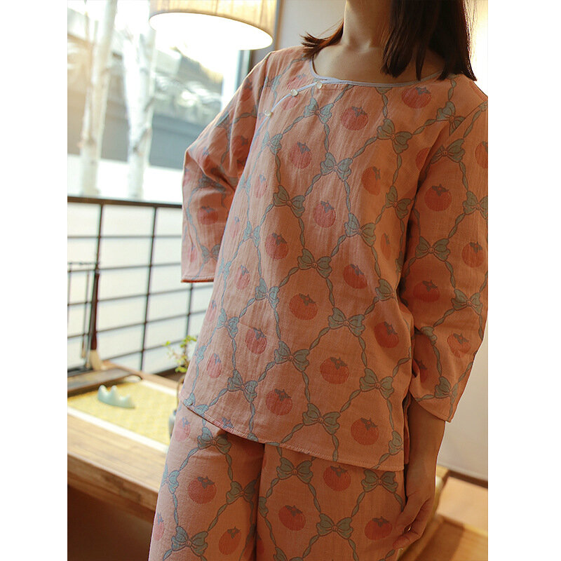 Pijama de gasa de algodón para mujer, traje de dos colores con estampado de caqui, manga larga, cuello redondo, 2 piezas, Otoño e Invierno