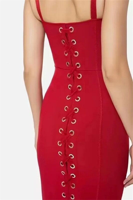 Lace Up Urban Style Womem Prom Dress V-Neck Sleeveless Party Gown Red Black Strap Mid Waist One Pace Skirt New Arrival In Stock