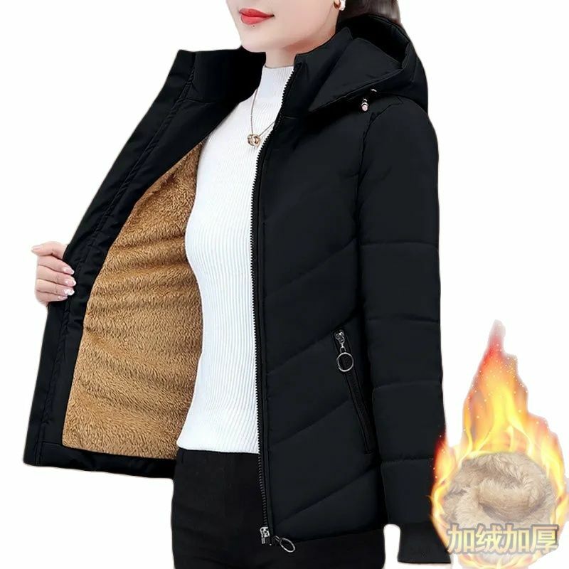 Chaqueta de algodón y terciopelo para mujer, abrigo cálido de lana con capucha a la moda, acolchado, talla M- 5XL, novedad de 2023