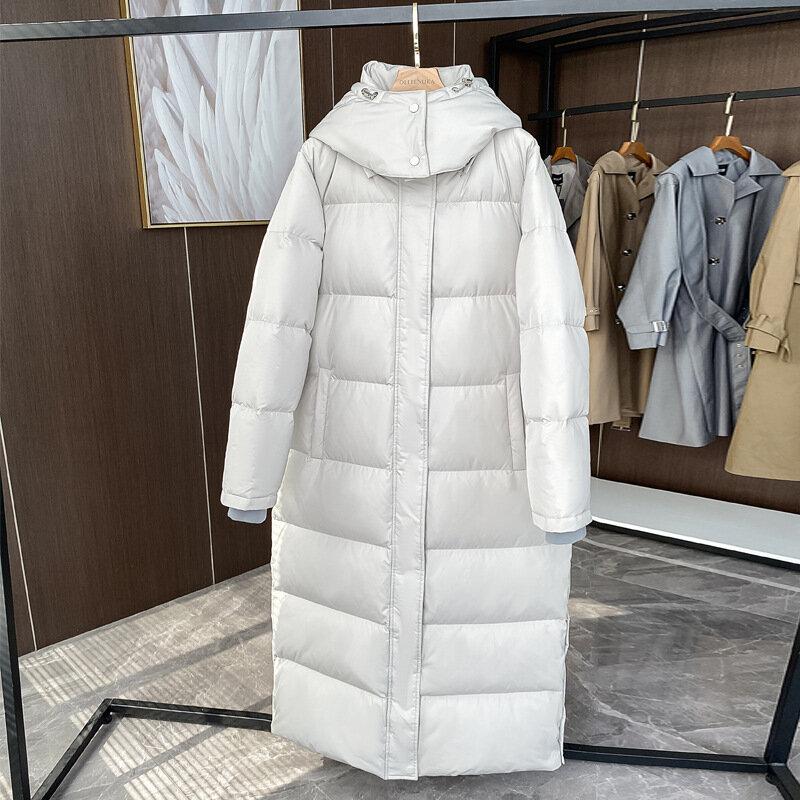 90 pato branco para baixo casaco feminino longo engrossar manter quente bolso casaco feminino novo com capuz cor sólida moda lazer para baixo jaqueta