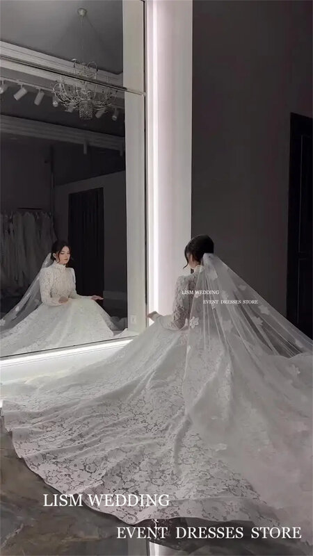 Gaun pengantin renda Vintage LISM gaun pengantin lengan penuh kerah tinggi gaun pengantin A-Line panjang selantai gaun 2024 buatan kustom