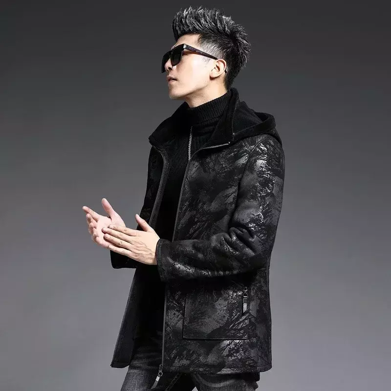 2023 New Fur Clothing Male Natural Sheepskin Leather and Fur Coat for Men Mid Long Slim Warm Outwears Men's Winter Jacket FCY