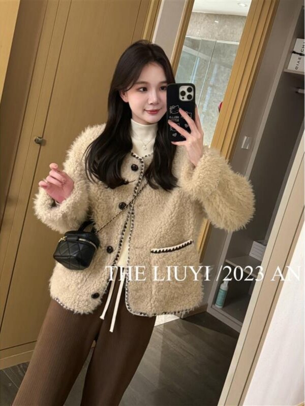 Miiiix 한국 패션 패치워크 재킷, 2023 가을 겨울, 작은 향기 모피 통합 재킷, 여성 의류, 신상