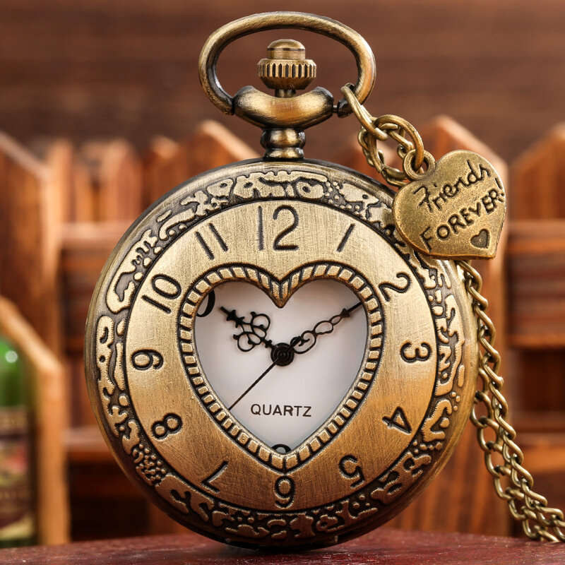Vintage Heart Shaped Quartz Pocket Watches Brons Fob Horloge Ketting Hanger Klok Cadeau Voor Dames Vrouwelijke Reloj De Bolsillo