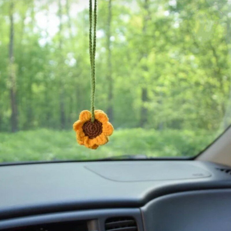 Miroir de voiture tournesol au crochet fait à la main, accessoires suspendus pour intérieur d'adolescentes, rétroviseur, décor de charme de fleur