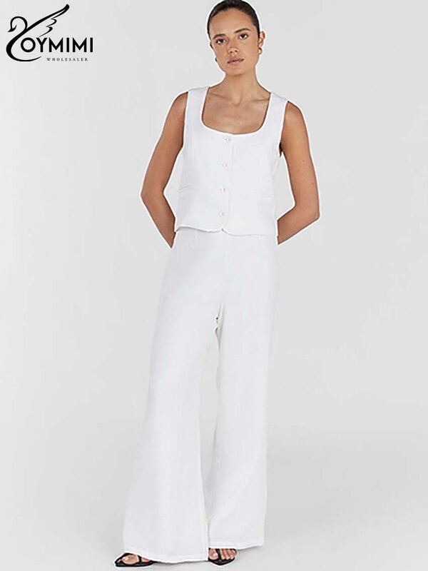 Oymimi Fashion White Sets Womens 2 Piece Elegant Slip Sleeveless Button Tank Tops And High Waist Simple Trousers Sets Streetwear