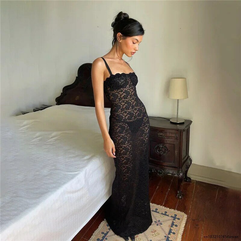 Summer See Through Floral Mesh Lace Dresses Y2k Sexy Black Tie Up Hollow Out Backless Maxi Long Dresses Women 2023