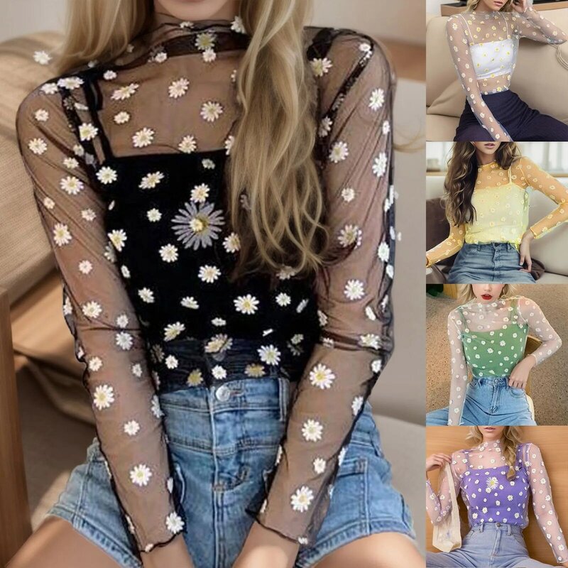 Daisy Print Perspective Blouse Shirt Casual Summer Ladies Female Long Sleeve Women Casual Sexy Transparent Mesh Sunscreen Tops
