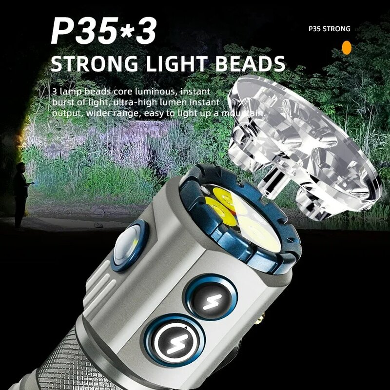 USB Rechargeable 18350 Torch Upgrade RGB Side Lamp 3 LED Flashlight 2000 Lumens IP68 Waterproof with Magnet for Hiking Camping