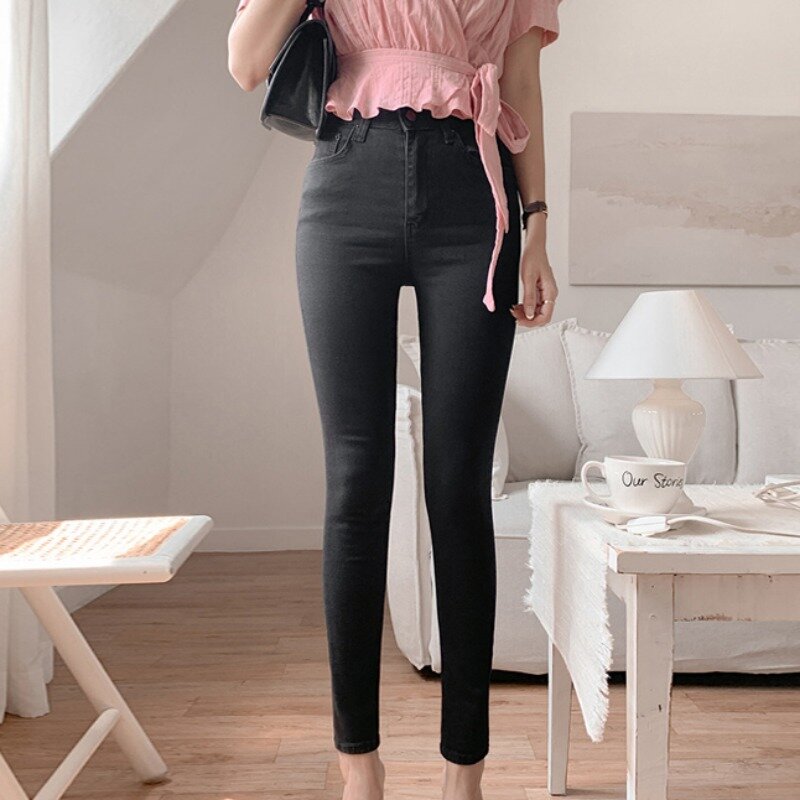 Dopasowane dżinsy dla kobiet proste wzornictwo koreańskie spodnie ołówkowe Skinny wysoki stan miękka oddychająca odzież szykowna, dziewczęca wiosna lato