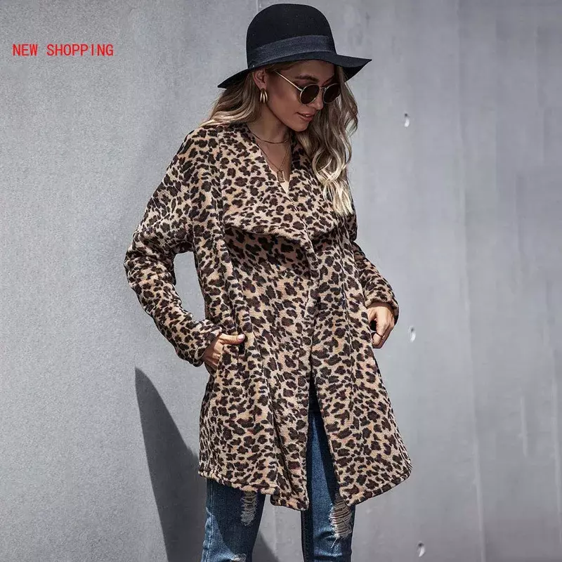 Новинка, женское плюшевое пальто, осенне-зимние пальто из искусственного меха с леопардовым принтом, Женская пушистая длинная теплая куртка с лацканами из искусственного меха