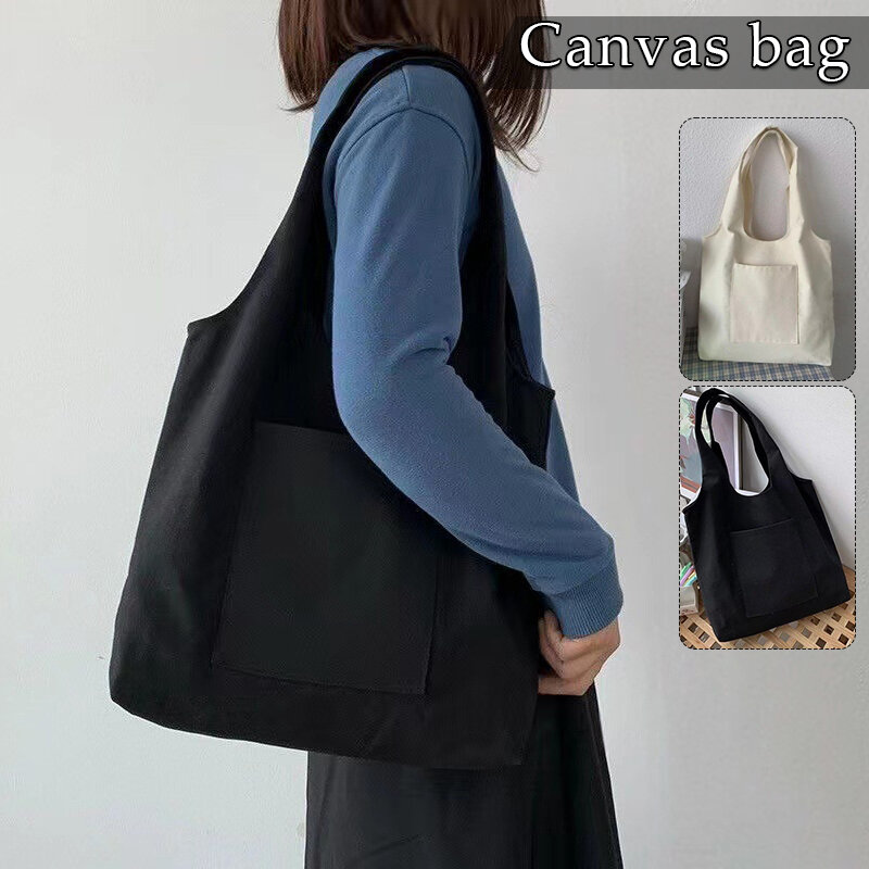 韓国の女の子のキャンバスバッグ,ショッピングやビーチで使用するためのカジュアルなショルダーバッグ,再利用可能な無地の綿の大容量バッグ