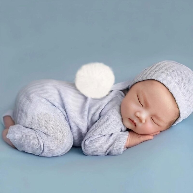 Säuglingsfotografie-Kleidung, gestrickte Mütze mit langem Schwanz und Strampler für Neugeborene, Geschenk