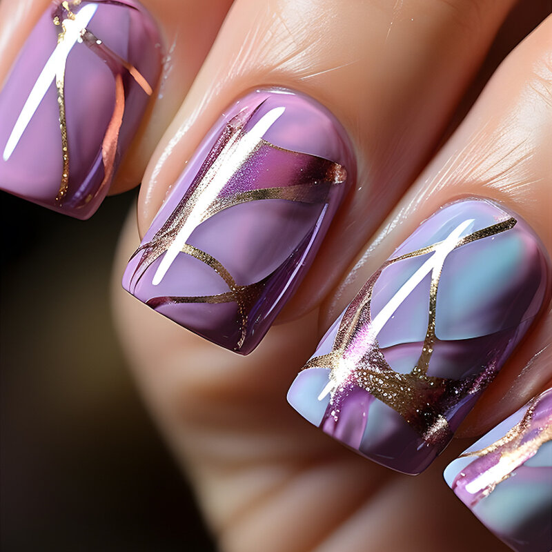 24Pcs Short Square Head False Nails Purple Blue Geometric Stripe french tip press on nails Manicure Wearable Ballet Fake Nails