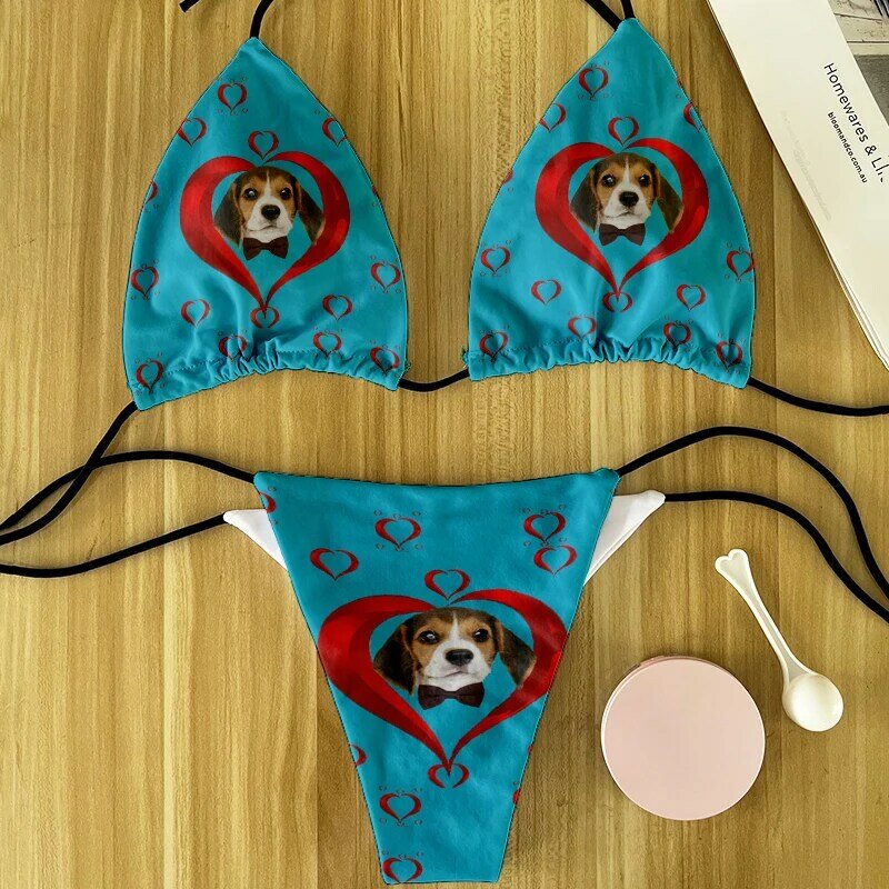 Funny head custom printed swimsuit DIY custom bikini two-piece suit push-up padded bra thong two-piece swimsuit beachwear