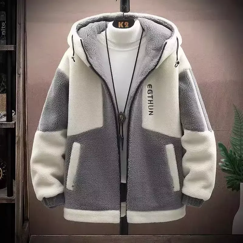 Jaket bertudung untuk pria, jaket wol hangat modis gaya Korea musim dingin Harajuku untuk pria 2023