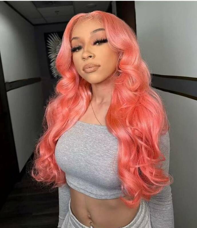 Wig rambut manusia Frontal renda merah muda 13x6 hd untuk wanita pilihan Cosplay 200 kepadatan gelombang tubuh 30 inci Wig tanpa biji pakaian dan jalan