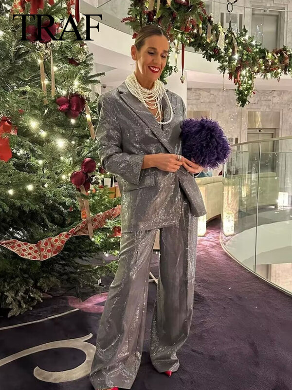 TRAF 2023 zimowe damskie modne eleganckie garnitury z kołnierzem z długim rękawem cekiny srebrna marynarka długie spodnie z wysokim stanem Streetwear