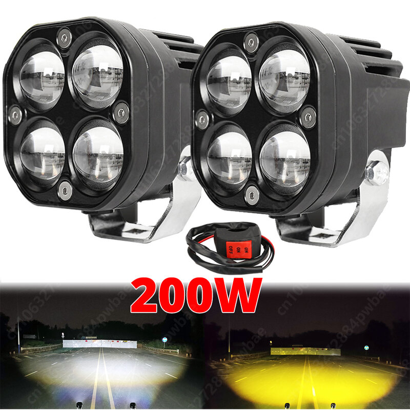 Super Bright Dual Color LED Spotlights, Fog Lamp, Farol Acessório para Motocicleta Caminhão Carro SUV ATV 30000LM 24V 12V, 200W, 3"